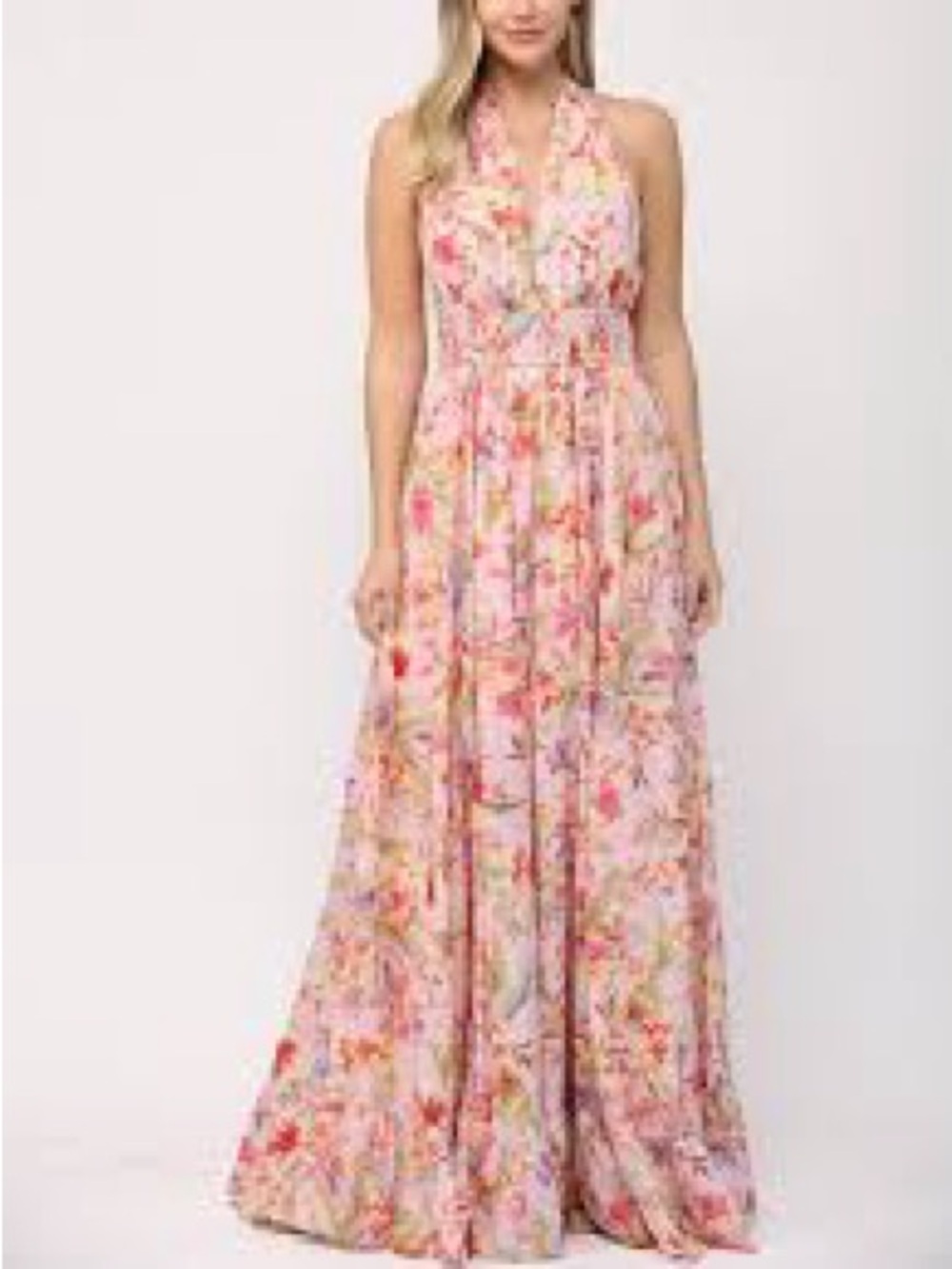 Fate Floral Halter Maxi Dress in Pink and Peach